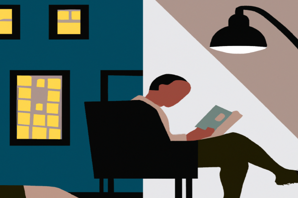 An illustration of a reader enjoying Ugly Love by Colleen Hoover in a cosy interior